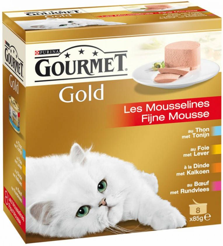 Gourmet Gold 8-Pack Mousse tonijn/lever/kalkoen/rund kat 6 dozen (48 blikken) online kopen