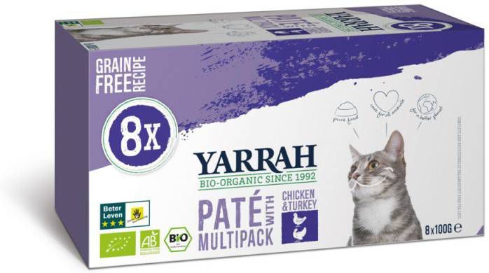 Yarrah 8x Biologisch Kattenvoer Multipack Paté Graanvrij Kip Kalkoen 800 gr online kopen